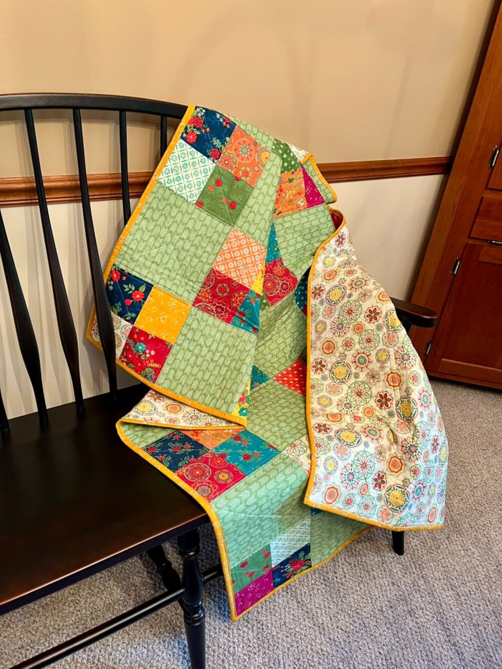 New Handcrafted Patchwork Lap Quilt or Throw, Bright Spring Colors